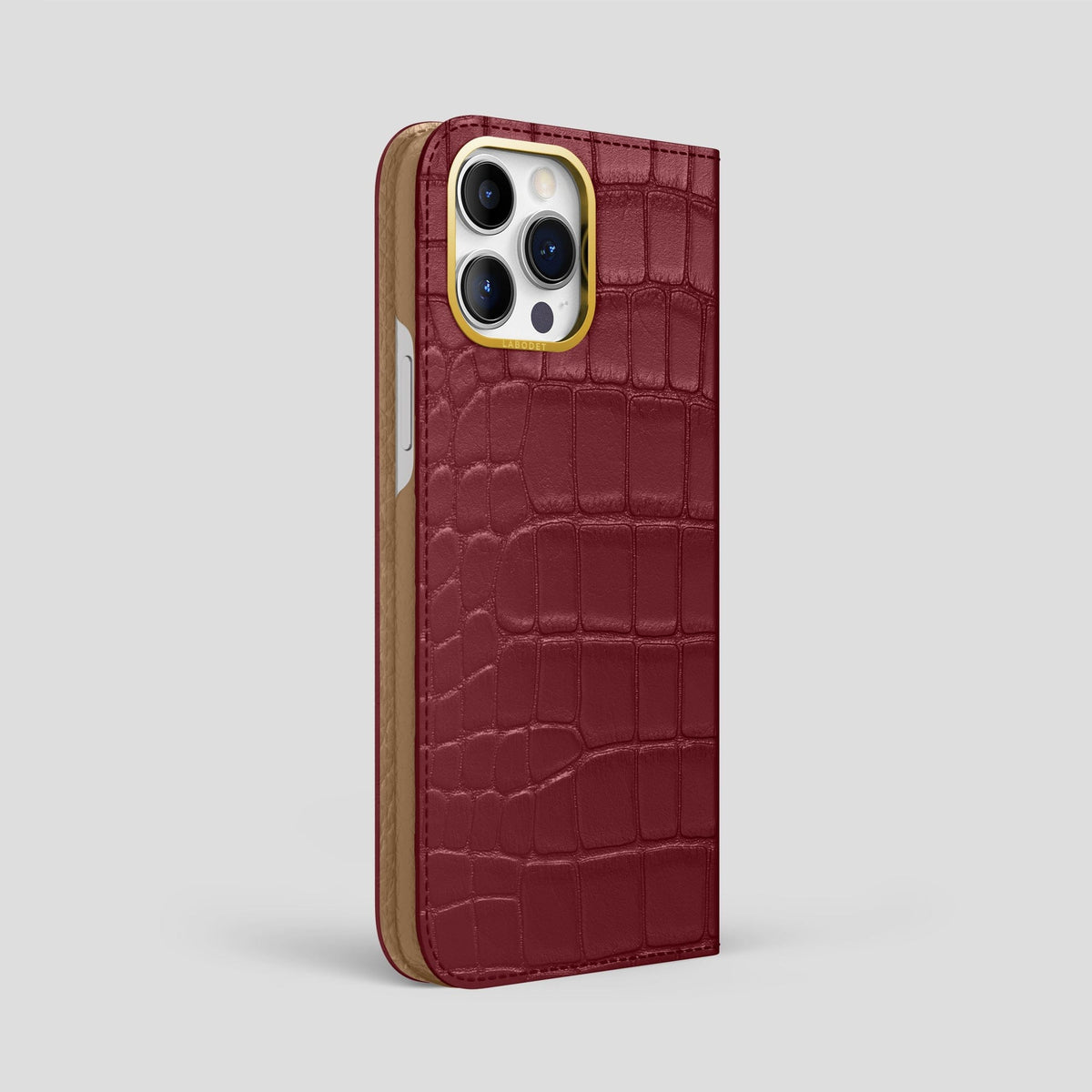 Burgundy iPhone 14 Pro Max Folio Case Alligator with Gold Metal -1 | Burgundy-Gold
