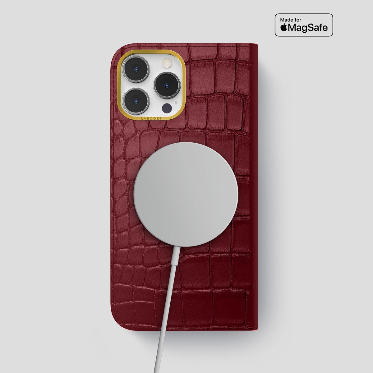 Burgundy iPhone 14 Pro Max Folio Case Alligator with Gold Metal -3 | Burgundy-Gold