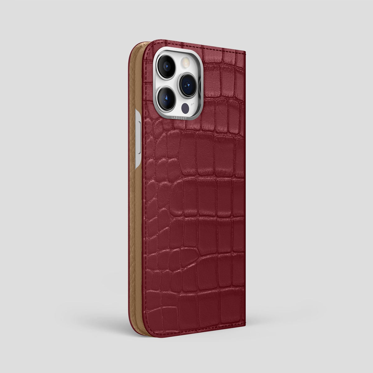 Burgundy iPhone 14 Pro Max Folio Case Alligator with Steel Metal -1 | Burgundy-Steel