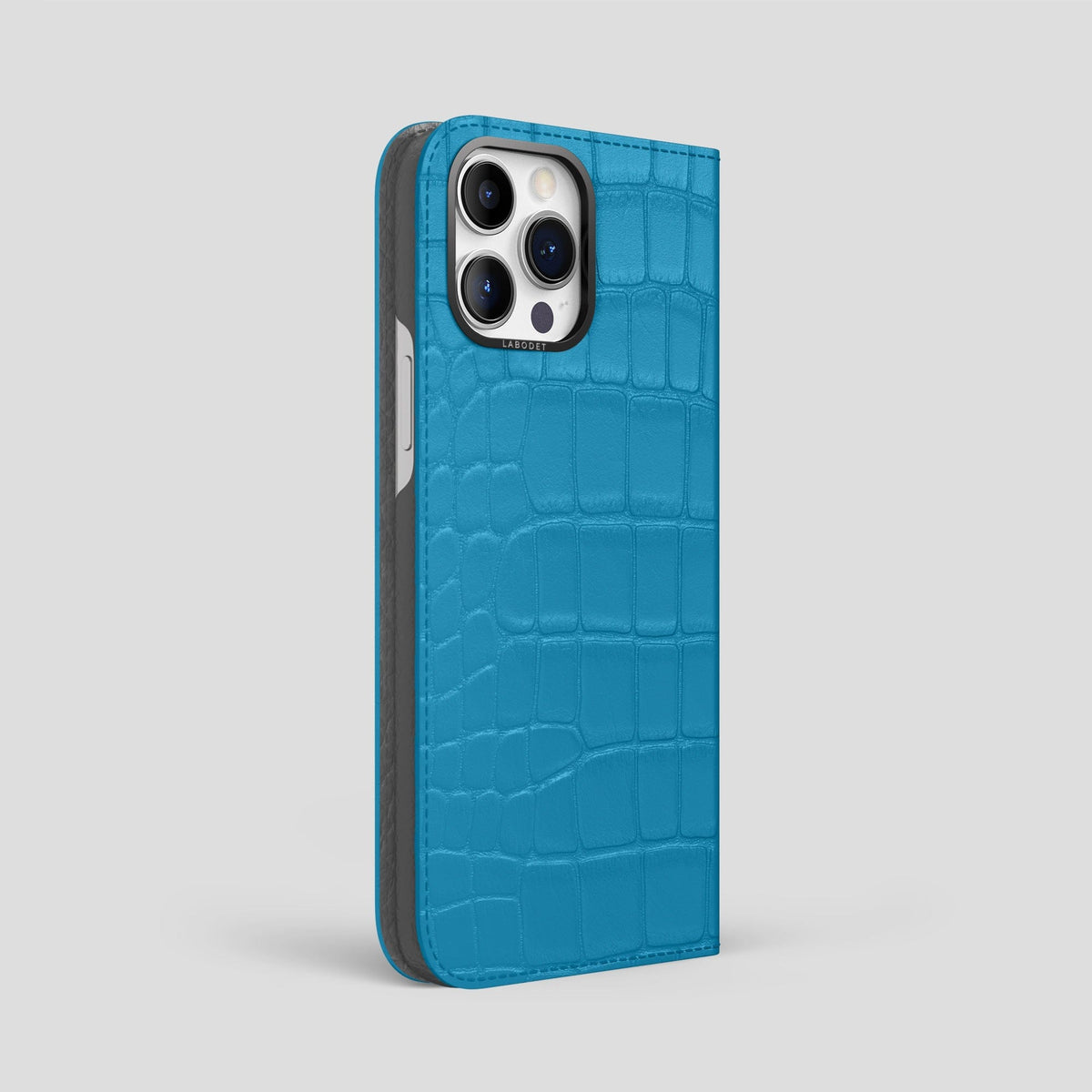 Curaçao-Blue iPhone 14 Pro Max Folio Case Alligator with Black Metal -1 | Curaçao-Blue-Black
