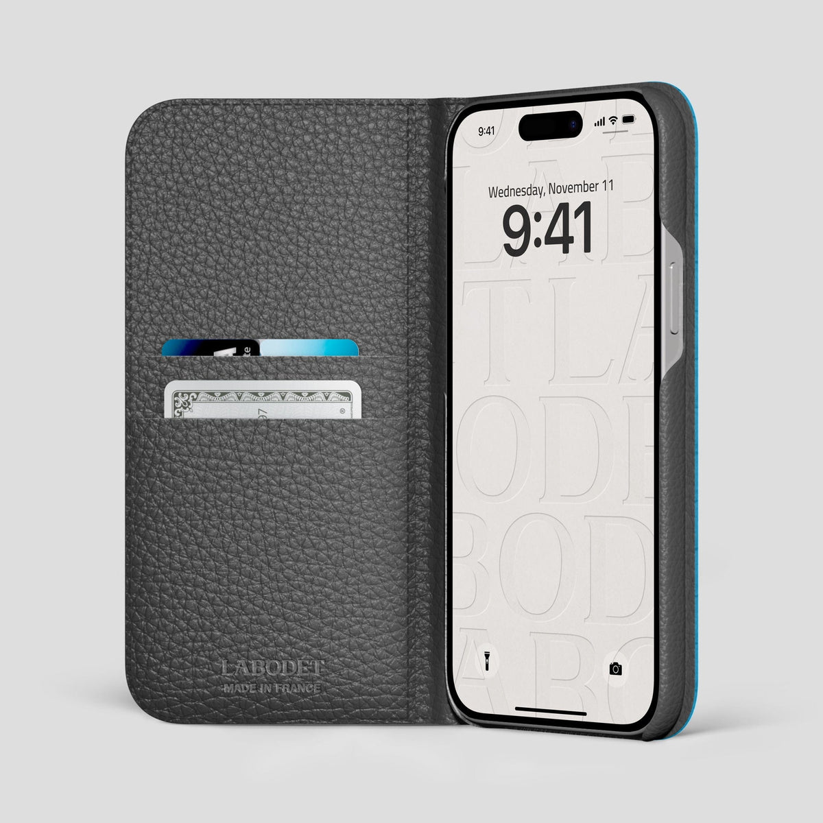 Curaçao-Blue iPhone 14 Pro Max Folio Case Alligator with Black Metal -2 | Curaçao-Blue-Black