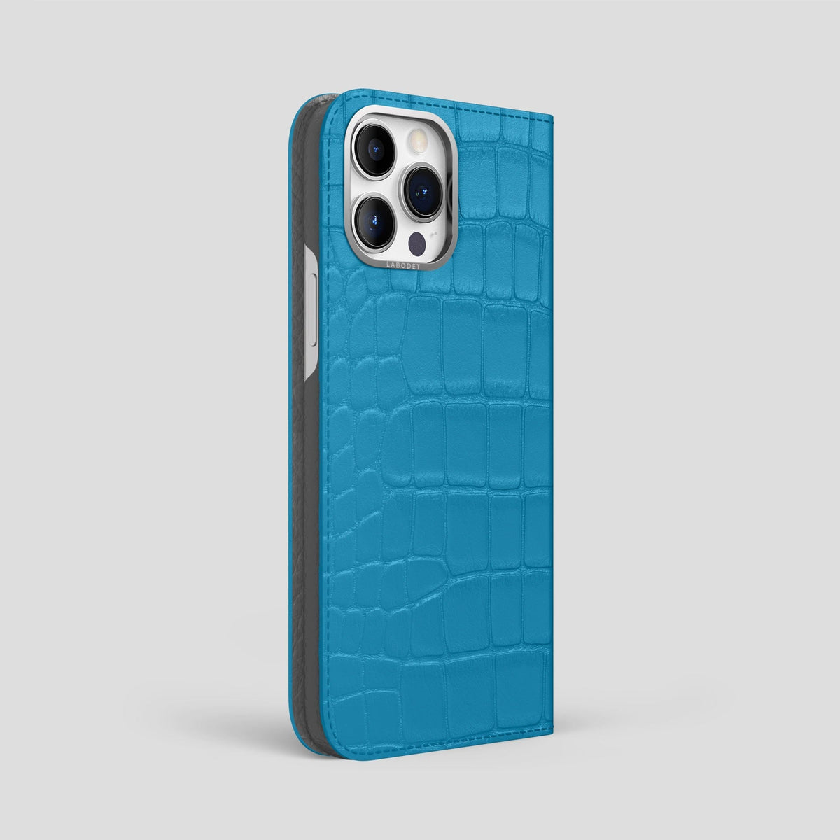 Curaçao-Blue iPhone 14 Pro Max Folio Case Alligator with Steel Metal -1 | Curaçao-Blue-Steel