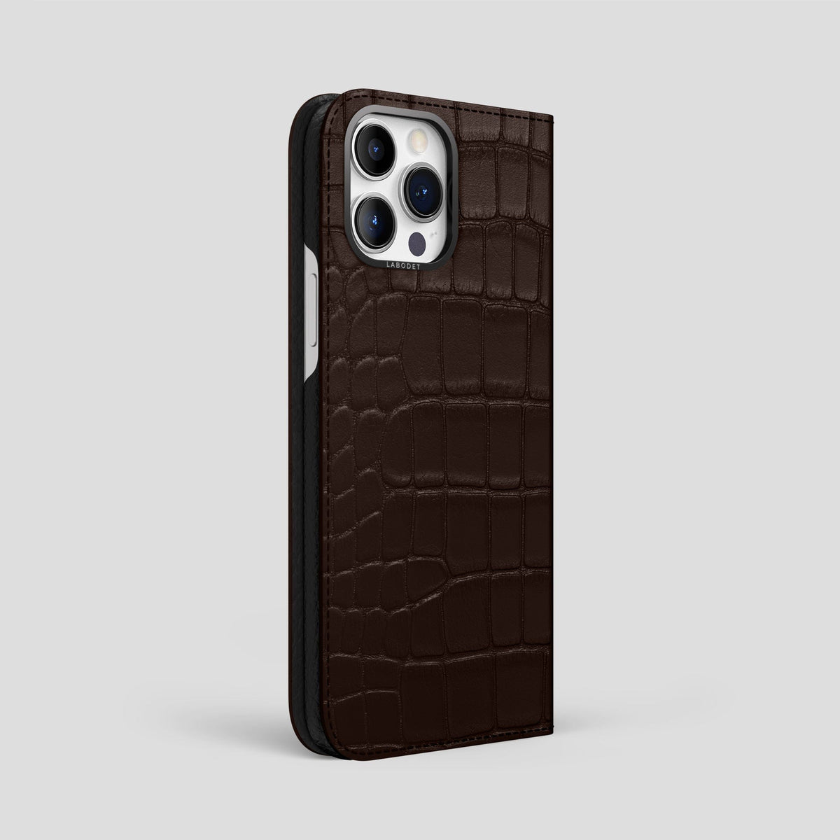 Dark Brown iPhone 14 Pro Max Folio Case Alligator with Black Metal -1 | Dark-Brown-Black
