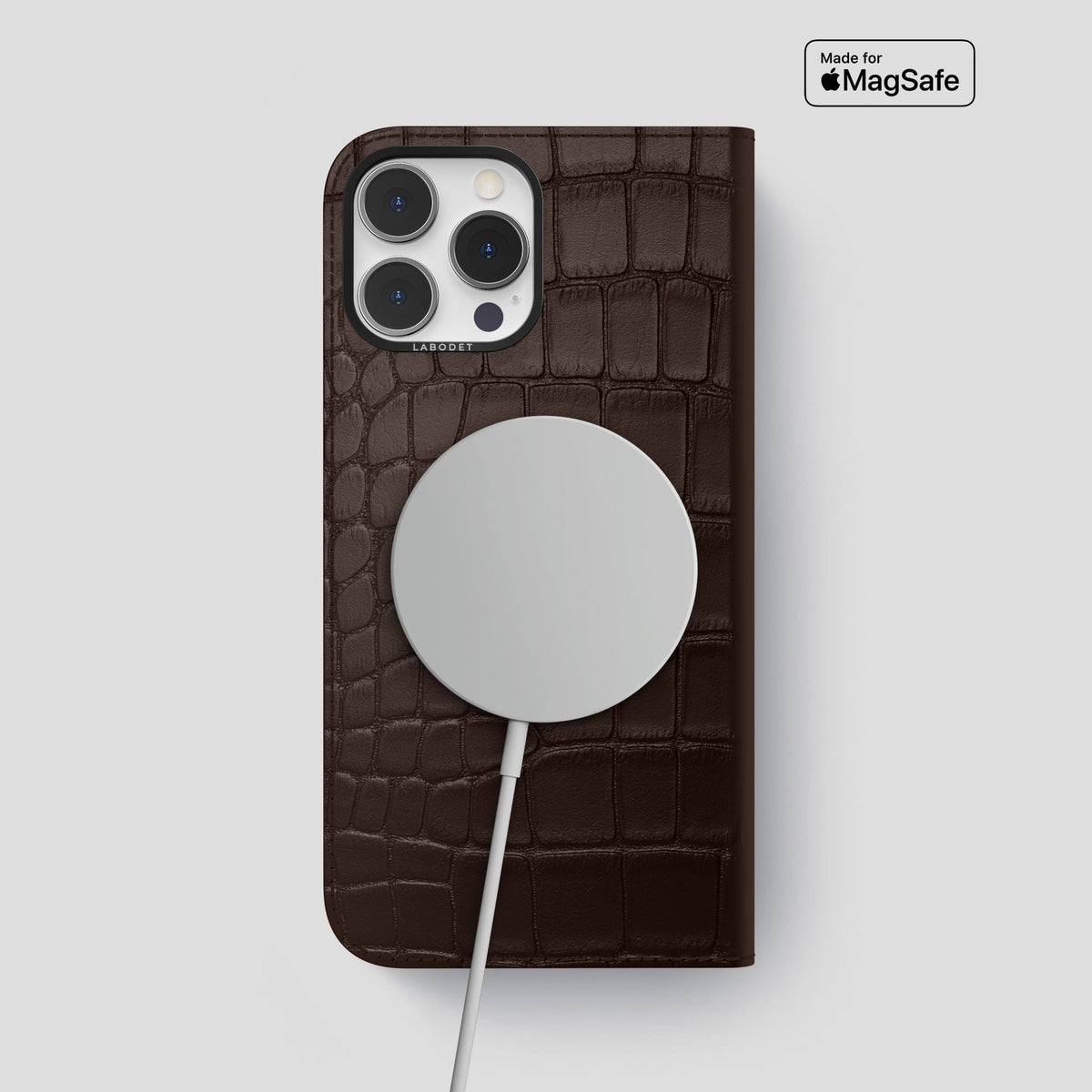 Dark Brown iPhone 14 Pro Max Folio Case Alligator with Black Metal -3 | Dark-Brown-Black