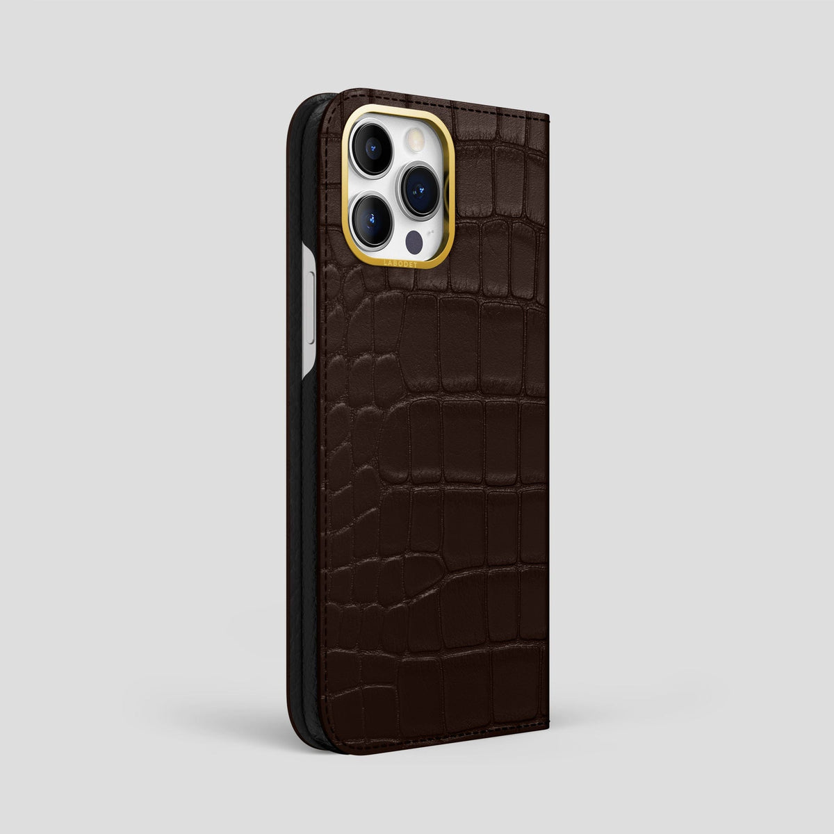 Dark Brown iPhone 14 Pro Max Folio Case Alligator with Gold Metal -1 | Dark-Brown-Gold