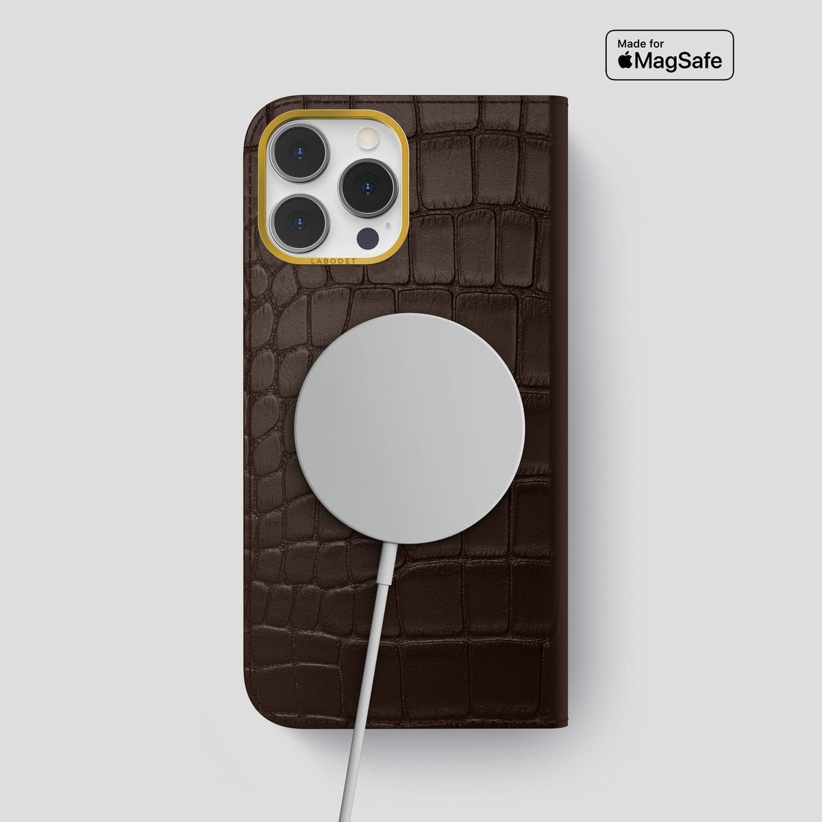 Dark Brown iPhone 14 Pro Max Folio Case Alligator with Gold Metal -3 | Dark-Brown-Gold