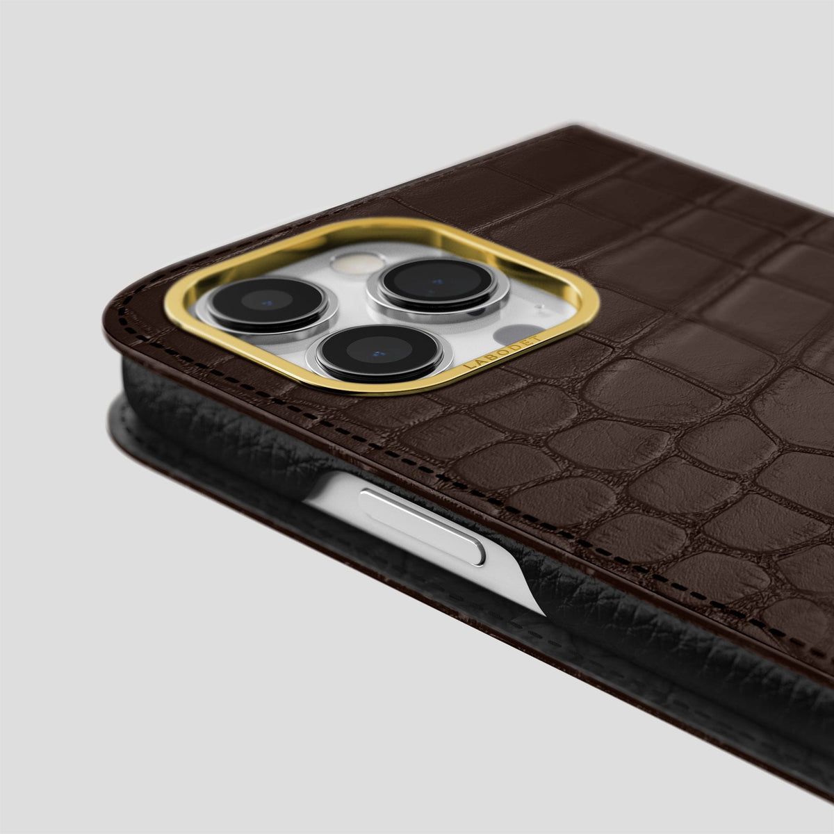 Dark Brown iPhone 14 Pro Max Folio Case Alligator with Gold Metal -5 | Dark-Brown-Gold