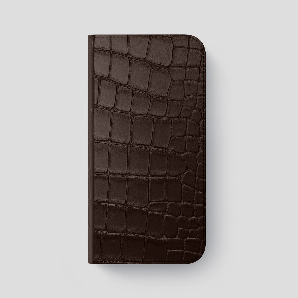 Dark Brown iPhone 14 Pro Max Folio Case Alligator with Steel Metal -4 | Dark-Brown-Steel