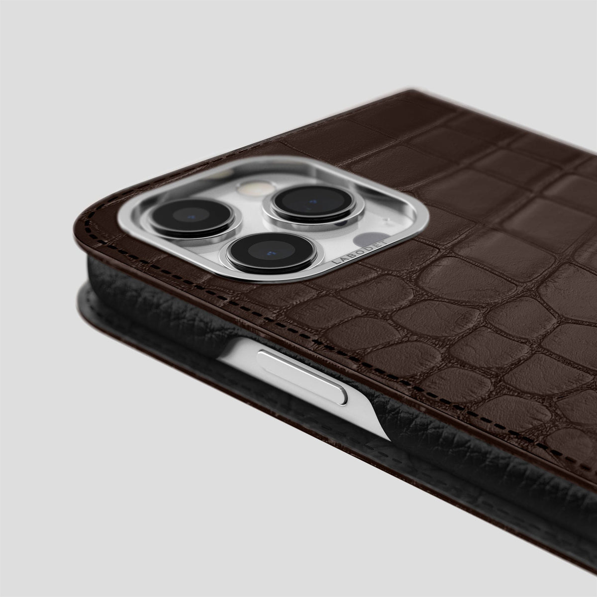 Dark Brown iPhone 14 Pro Max Folio Case Alligator with Steel Metal -5 | Dark-Brown-Steel