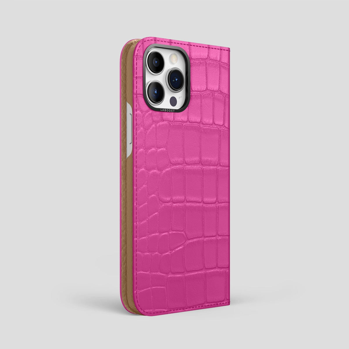 Fuchsia iPhone 14 Pro Max Folio Case Alligator with Black Metal -1 | Fuchsia-Black