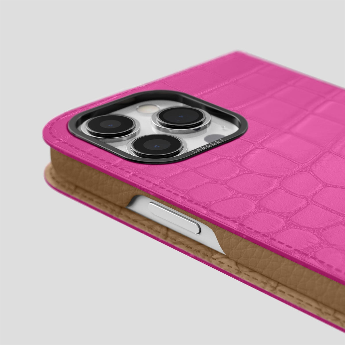 Fuchsia iPhone 14 Pro Max Folio Case Alligator with Black Metal -5 | Fuchsia-Black