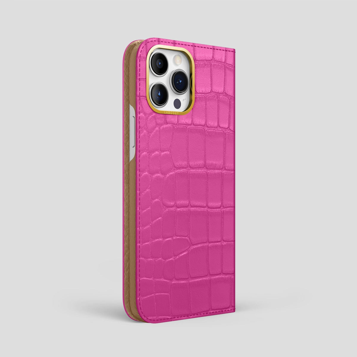 Fuchsia iPhone 14 Pro Max Folio Case Alligator with Gold Metal -1 | Fuchsia-Gold