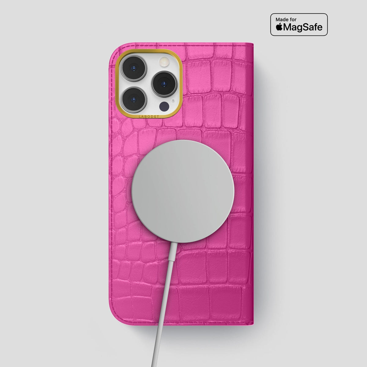 Fuchsia iPhone 14 Pro Max Folio Case Alligator with Gold Metal -3 | Fuchsia-Gold