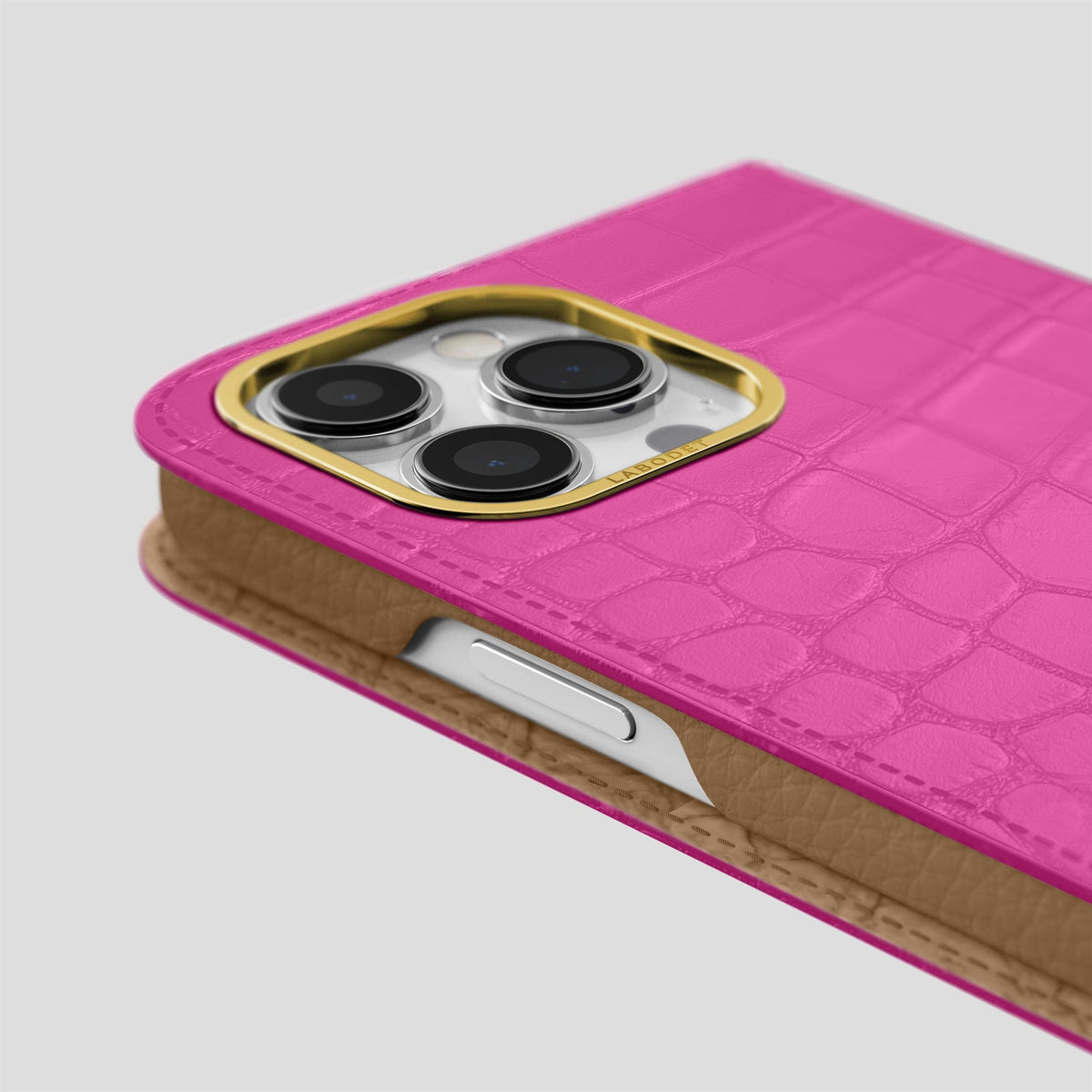 Fuchsia iPhone 14 Pro Max Folio Case Alligator with Gold Metal -5 | Fuchsia-Gold