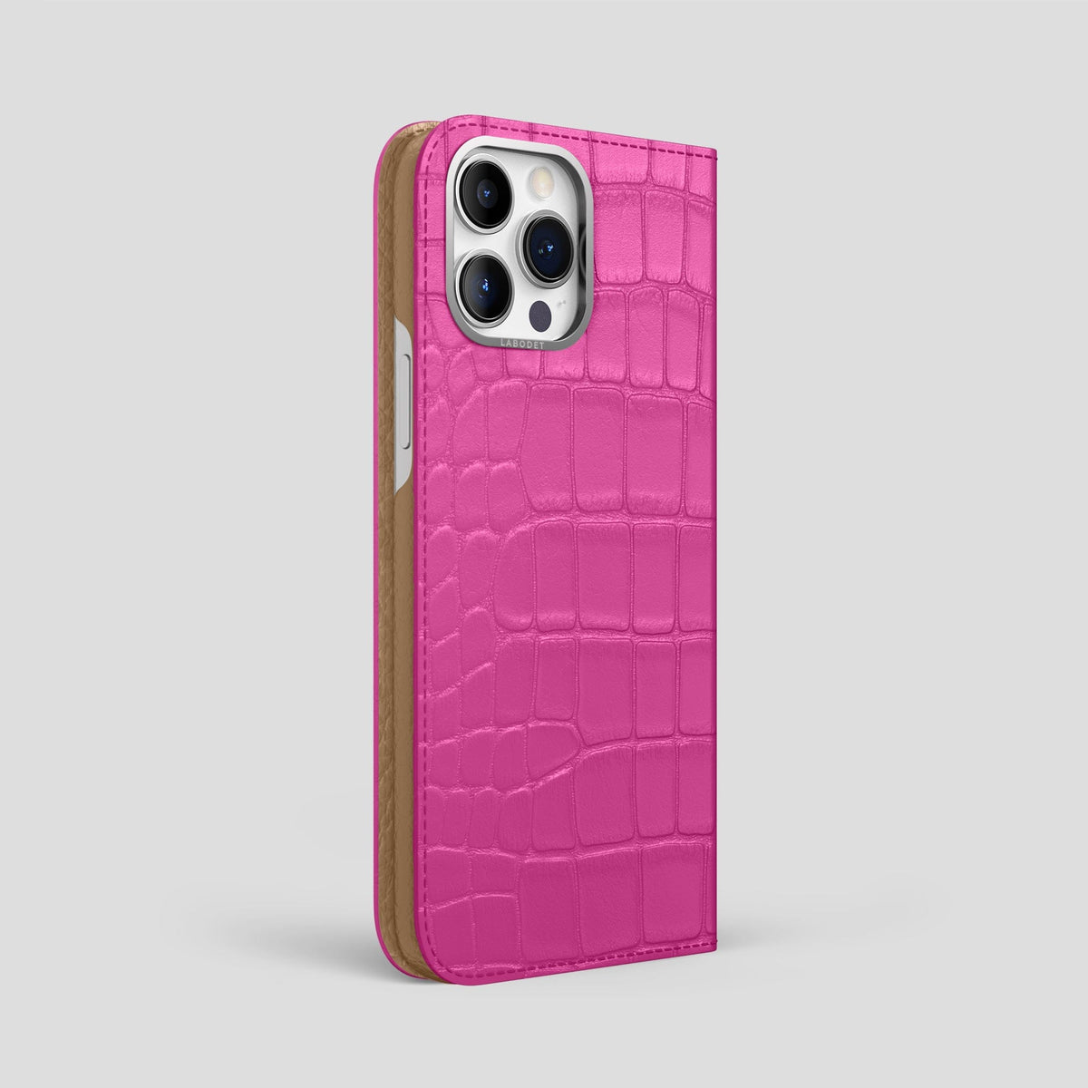 Fuchsia iPhone 14 Pro Max Folio Case Alligator with Steel Metal -1 | Fuchsia-Steel