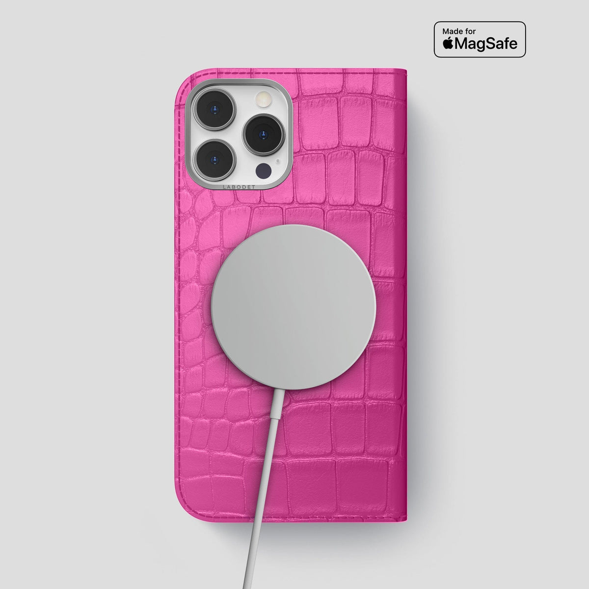 Fuchsia iPhone 14 Pro Max Folio Case Alligator with Steel Metal -3 | Fuchsia-Steel