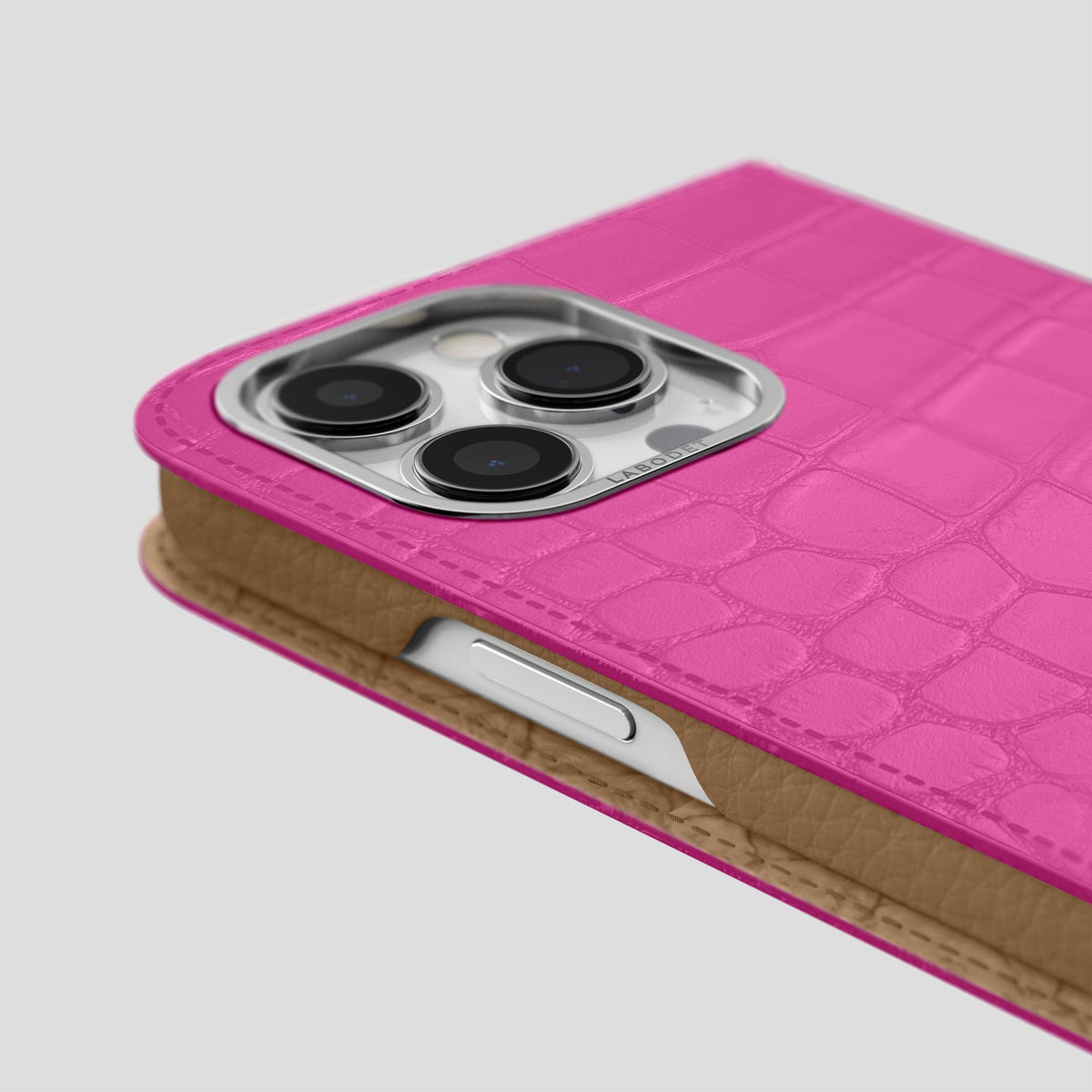 Fuchsia iPhone 14 Pro Max Folio Case Alligator with Steel Metal -5 | Fuchsia-Steel