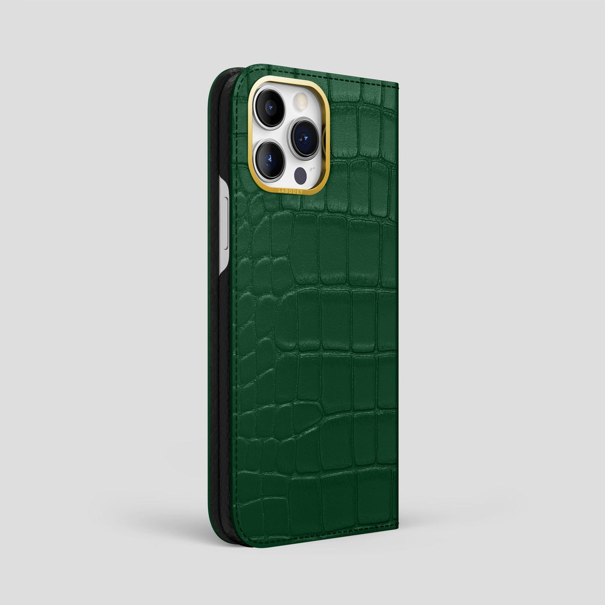 Forest-Green iPhone 14 Pro Max Folio Case Alligator with Gold Metal -1 | Forest-Green-Gold