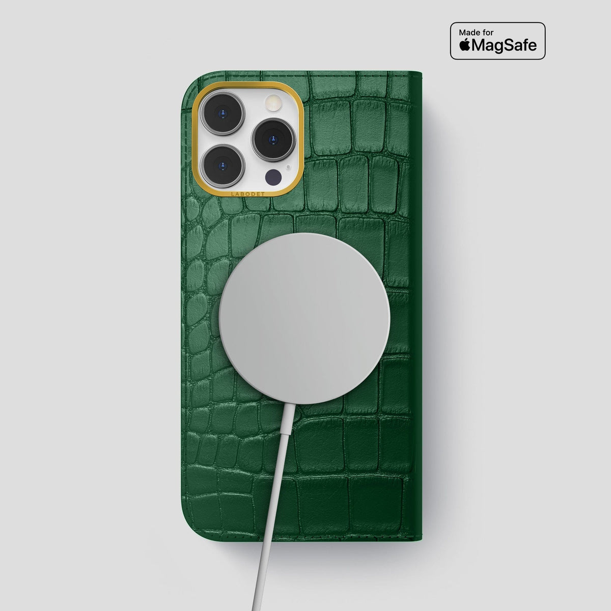 Forest-Green iPhone 14 Pro Max Folio Case Alligator with Gold Metal -3 | Forest-Green-Gold