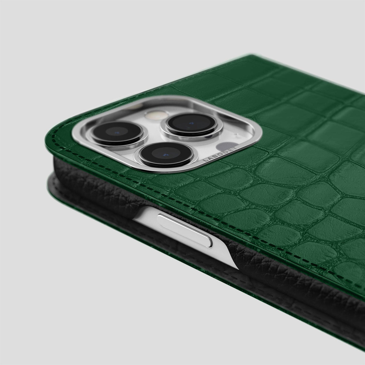 Forest-Green iPhone 14 Pro Max Folio Case Alligator with Steel Metal -5 | Forest-Green-Steel
