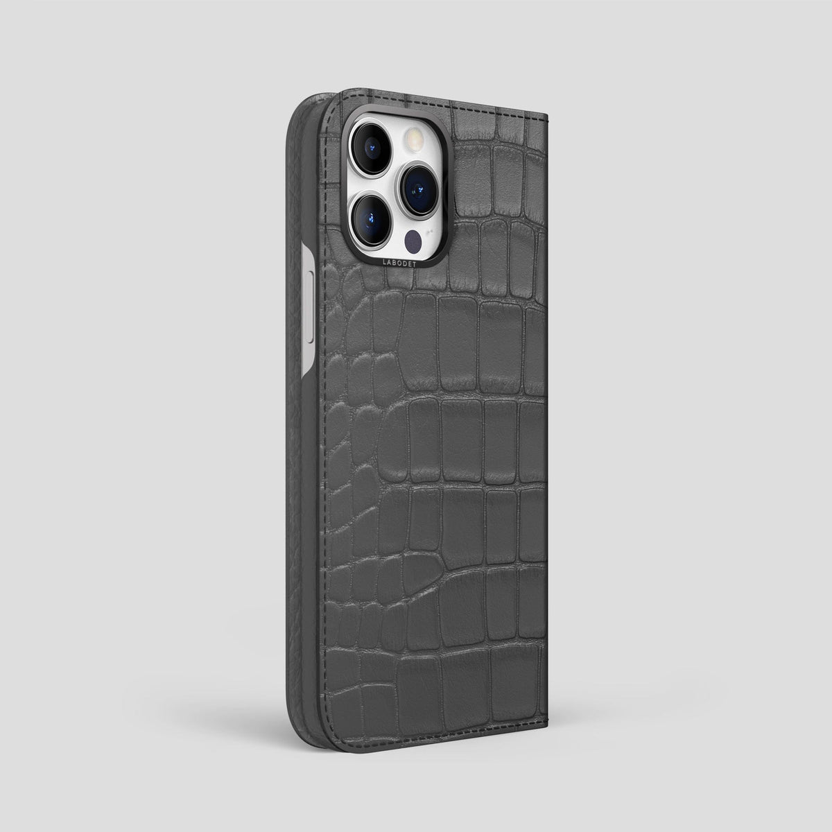 Grey iPhone 14 Pro Max Folio Case Alligator with Black Metal -1 | Grey-Black