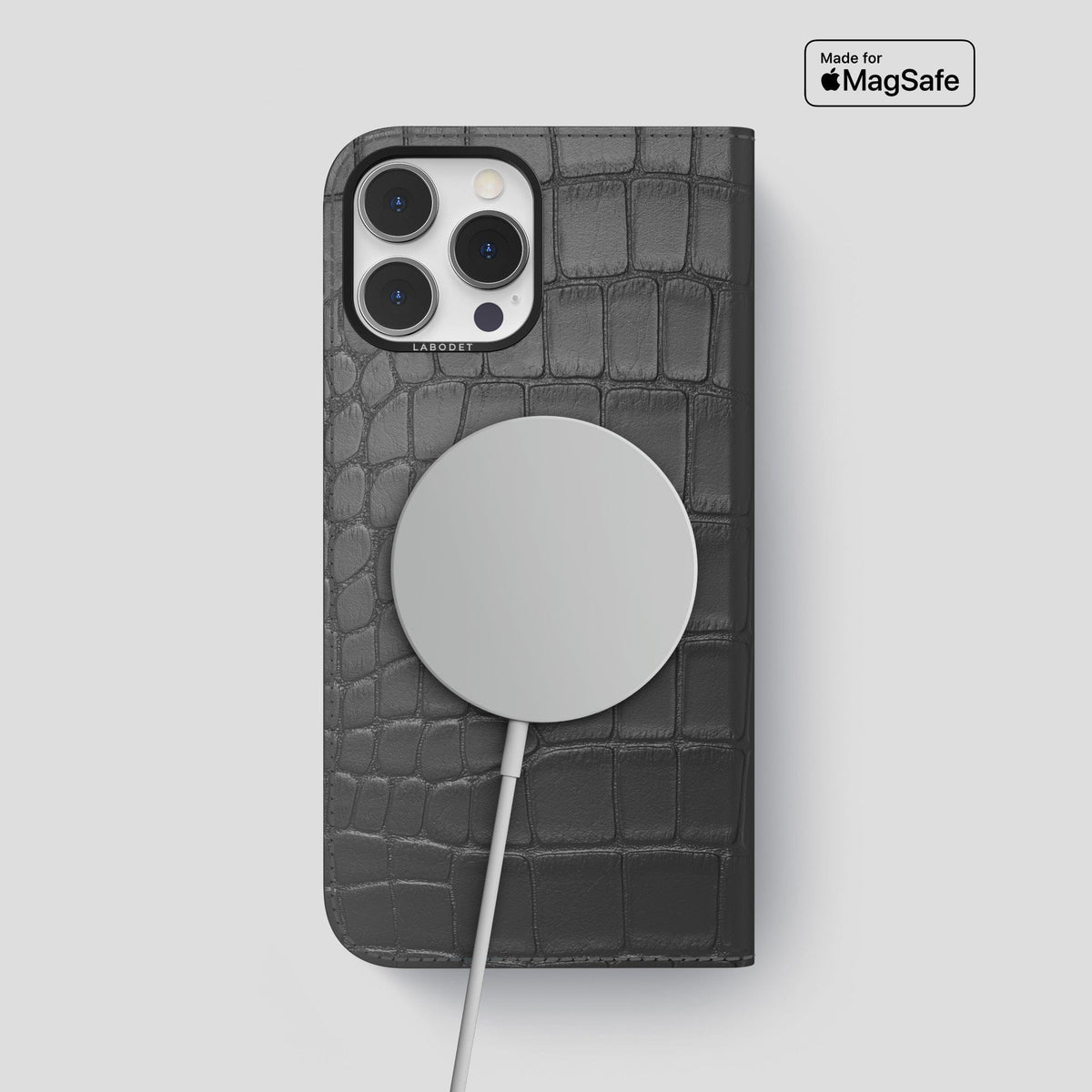 Grey iPhone 14 Pro Max Folio Case Alligator with Black Metal -3 | Grey-Black