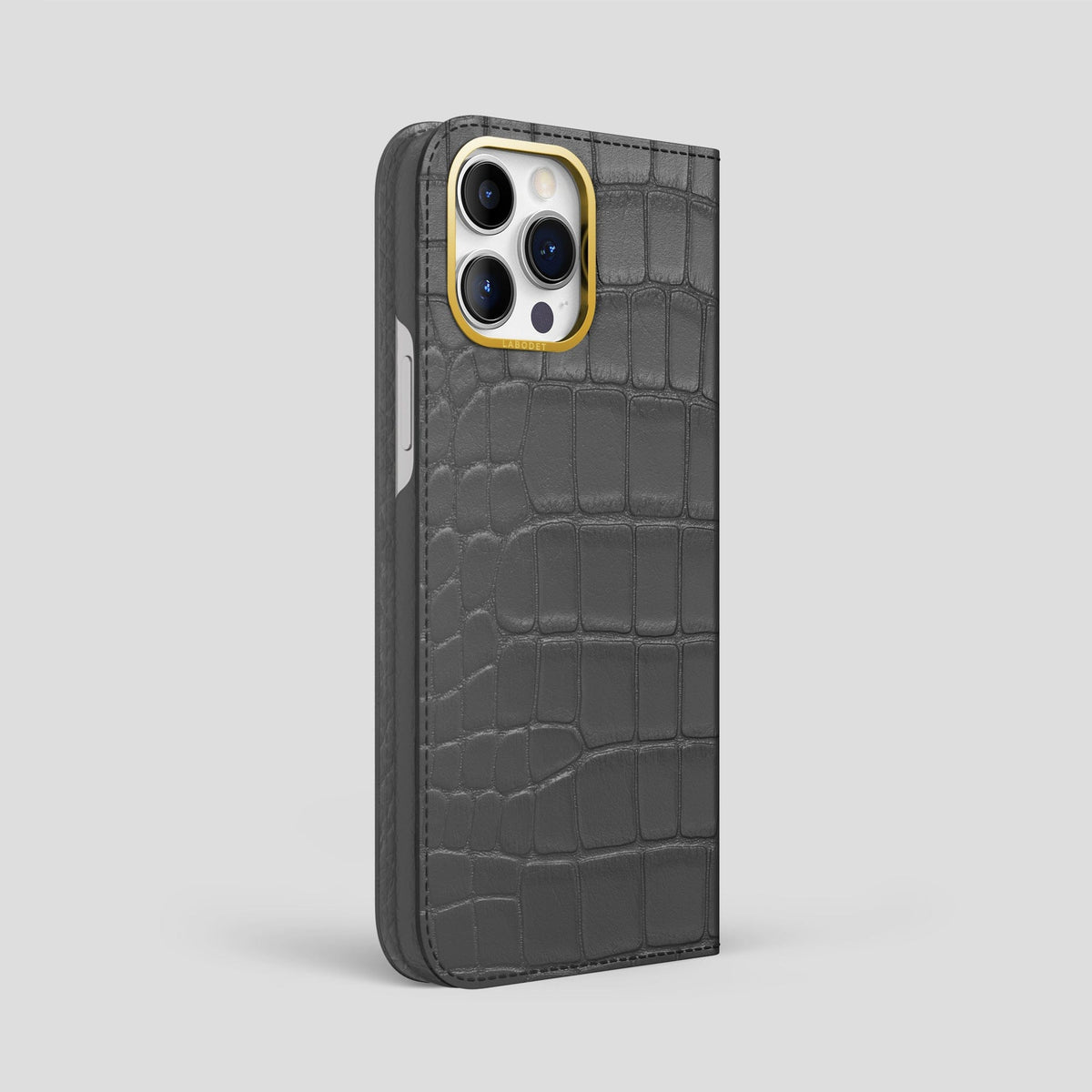 Grey iPhone 14 Pro Max Folio Case Alligator with Gold Metal -1 | Grey-Gold