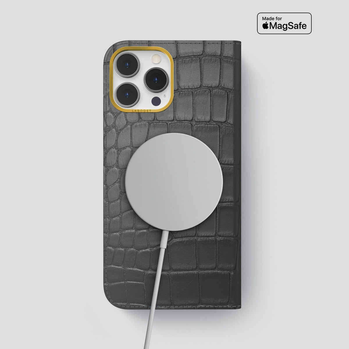 Grey iPhone 14 Pro Max Folio Case Alligator with Gold Metal -3 | Grey-Gold