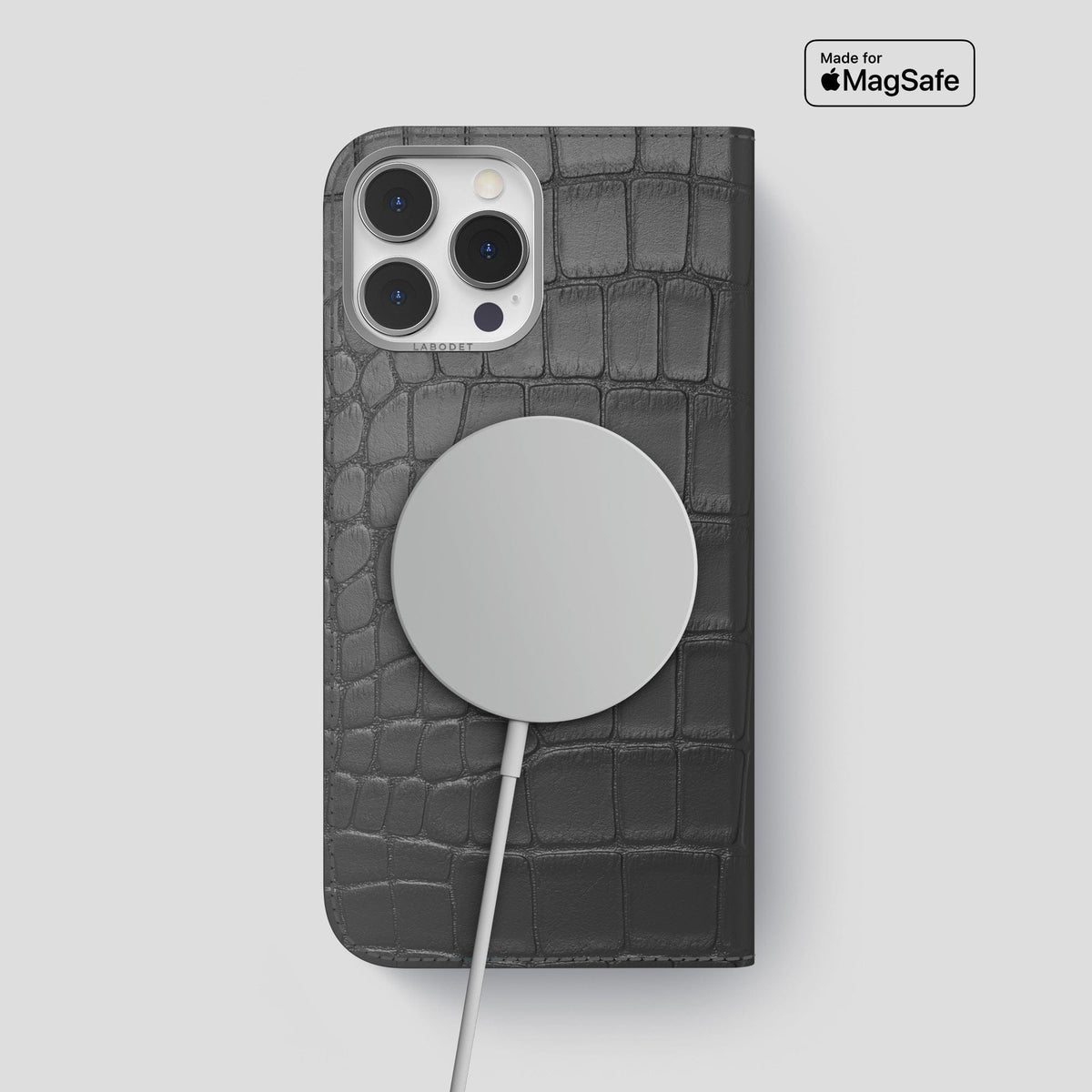 Grey iPhone 14 Pro Max Folio Case Alligator with Steel Metal -3 | Grey-Steel