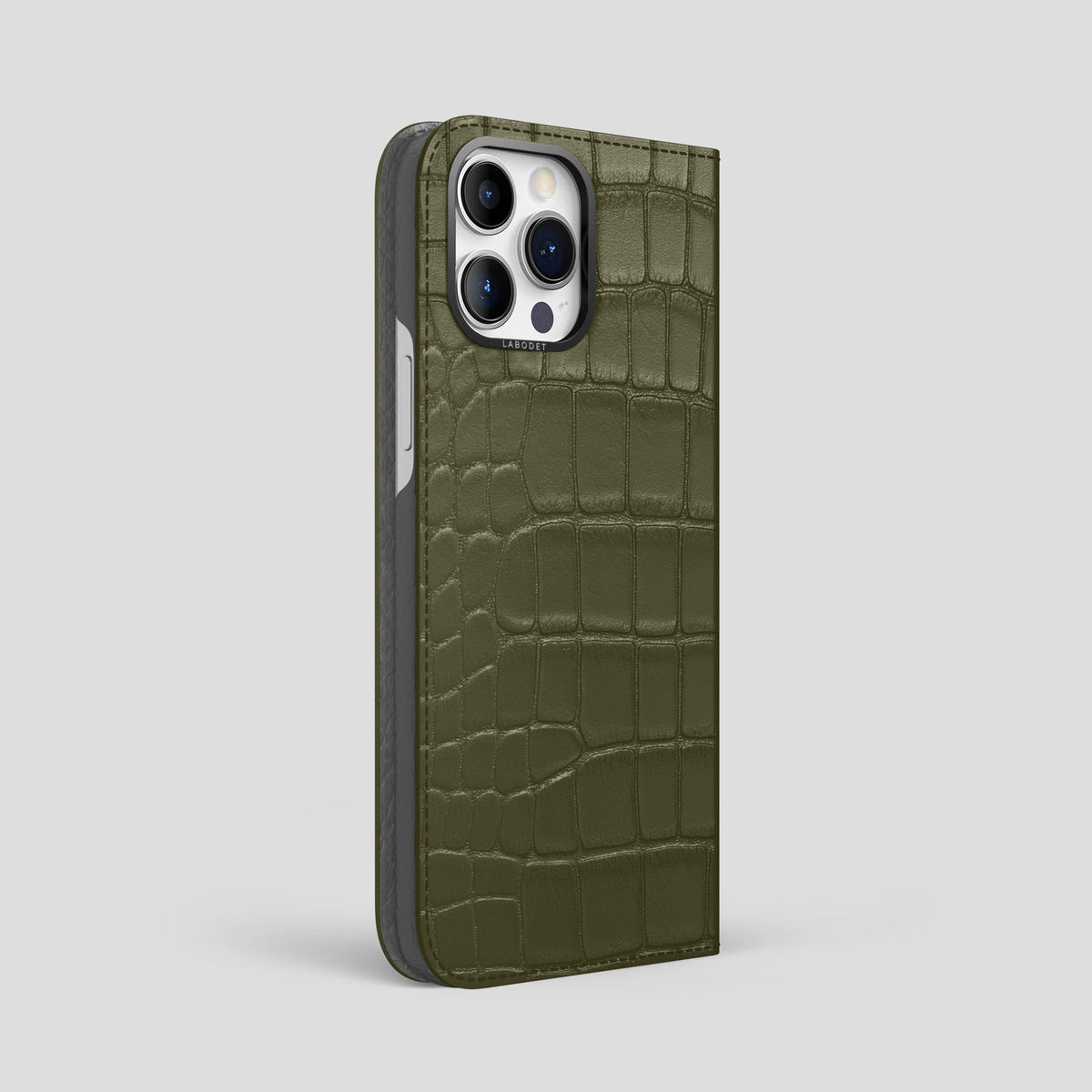 Kaki-Green iPhone 14 Pro Max Folio Case Alligator with Black Metal -1 | Kaki-Green-Black