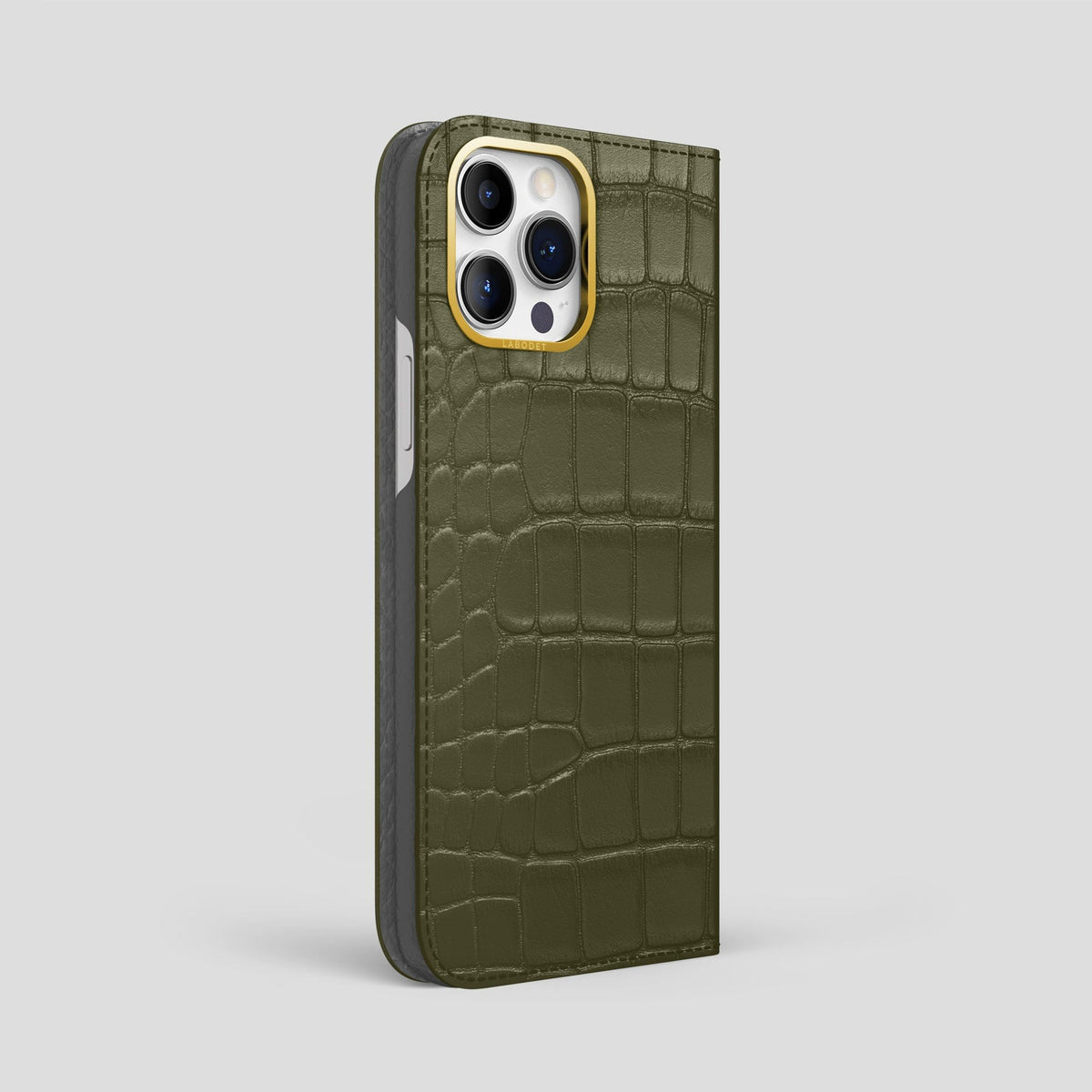 Kaki-Green iPhone 14 Pro Max Folio Case Alligator with Gold Metal -1 | Kaki-Green-Gold