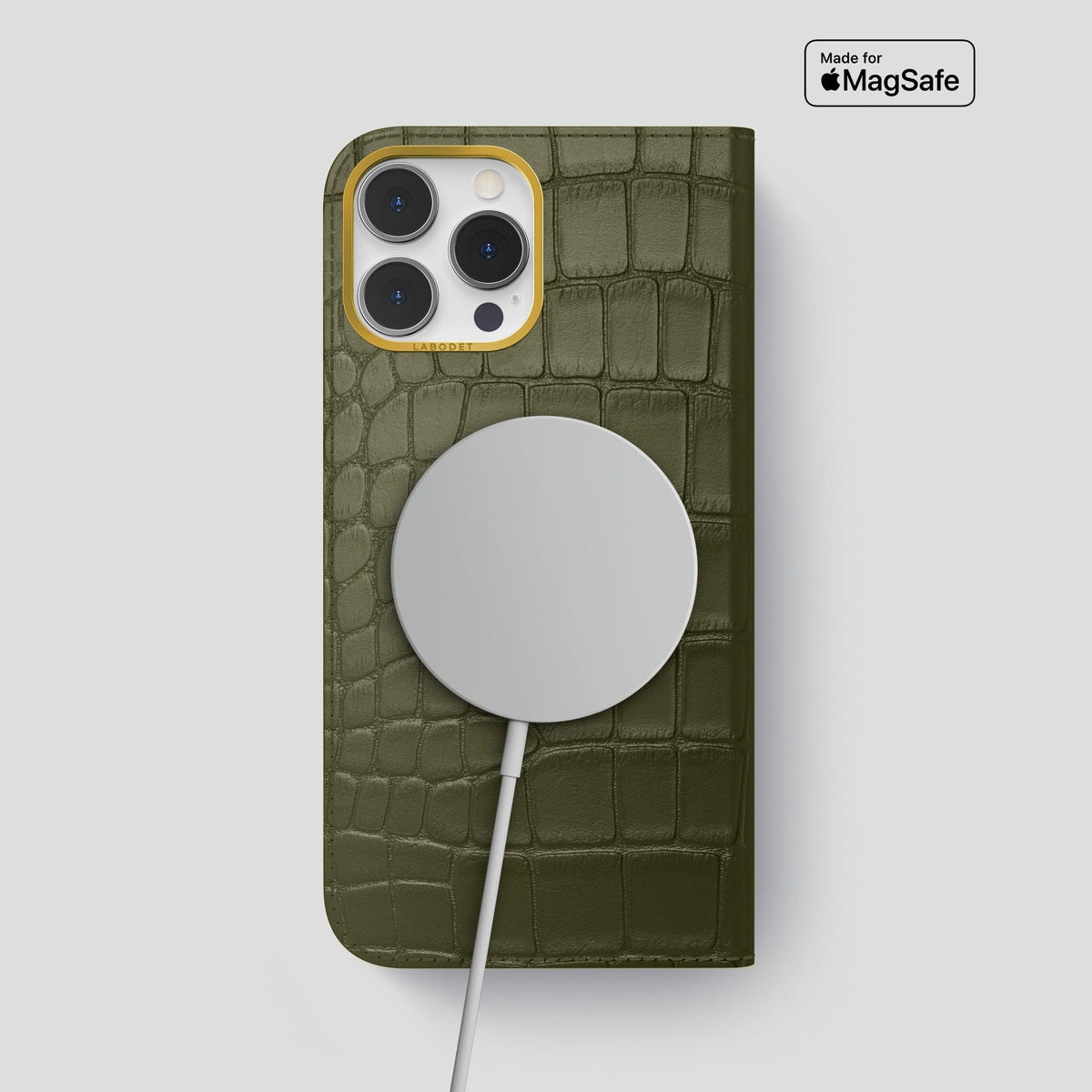 Kaki-Green iPhone 14 Pro Max Folio Case Alligator with Gold Metal -3 | Kaki-Green-Gold