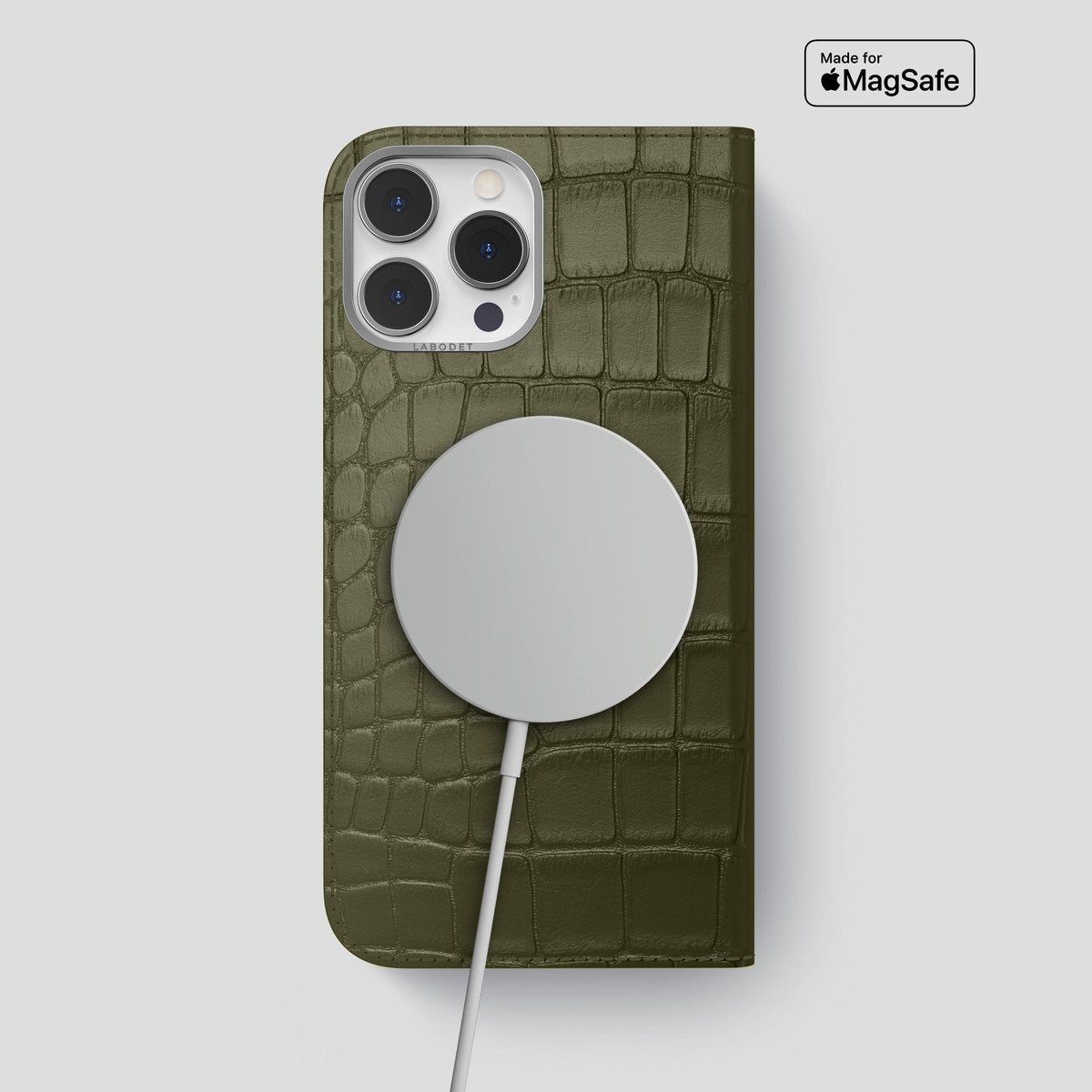 Kaki-Green iPhone 14 Pro Max Folio Case Alligator with Steel Metal -3 | Kaki-Green-Steel