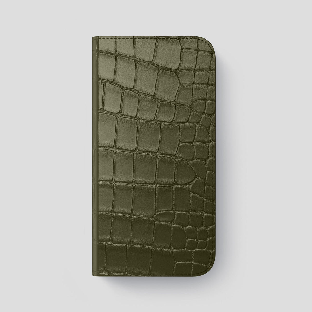 Kaki-Green iPhone 14 Pro Max Folio Case Alligator with Steel Metal -4 | Kaki-Green-Steel