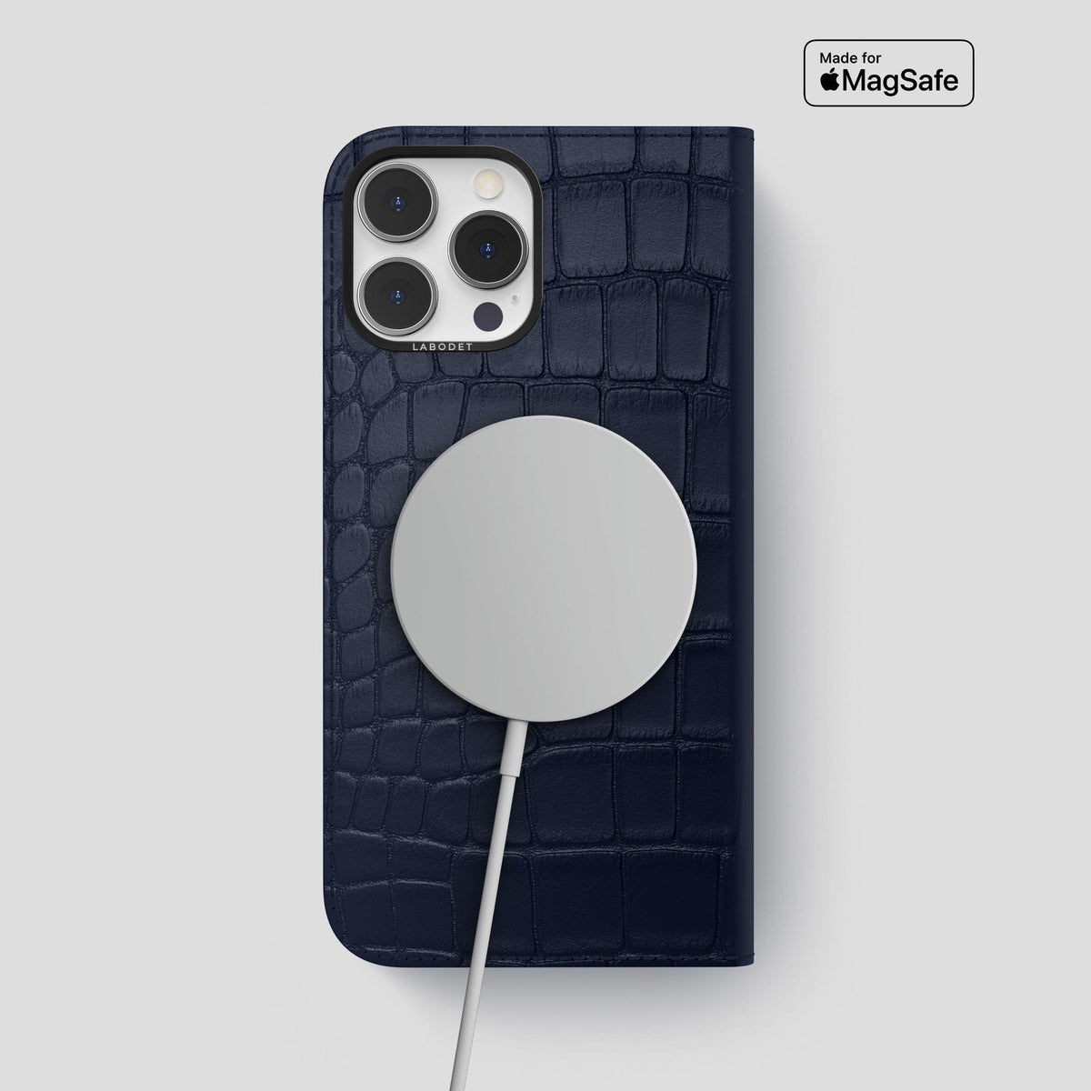 Navy Blue iPhone 14 Pro Max Folio Case Alligator with Black Metal -3 | Navy-Blue-Black