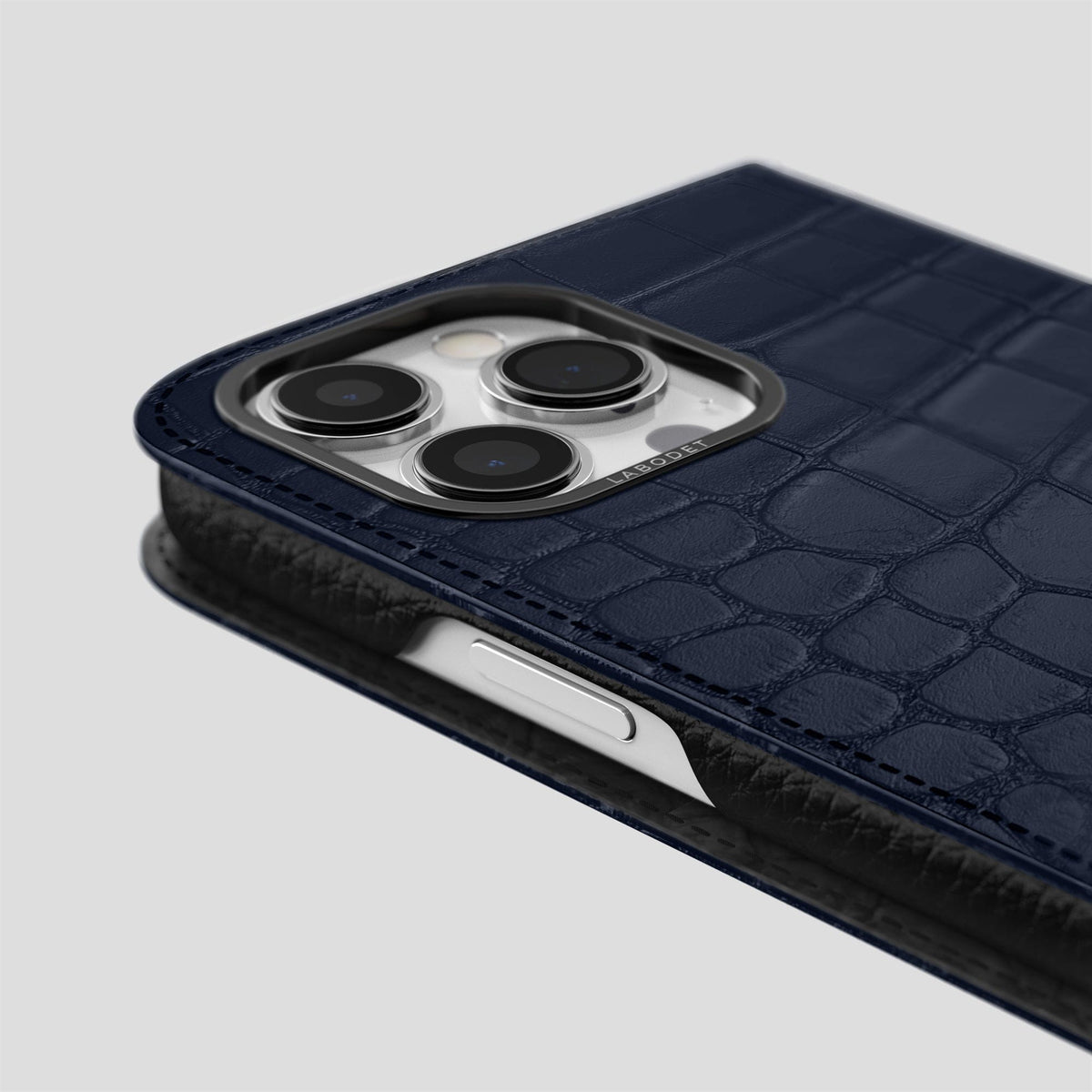 Navy Blue iPhone 14 Pro Max Folio Case Alligator with Black Metal -5 | Navy-Blue-Black