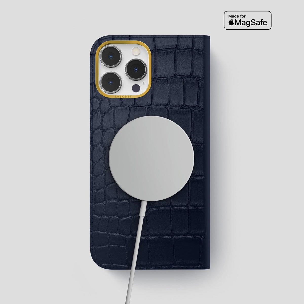 Navy Blue iPhone 14 Pro Max Folio Case Alligator with Gold Metal -3 | Navy-Blue-Gold