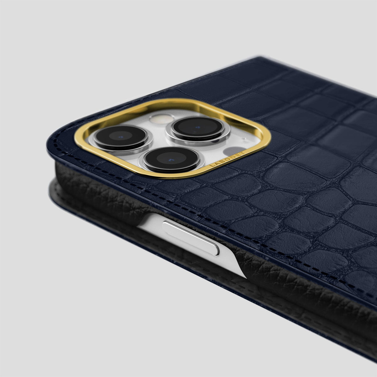 Navy Blue iPhone 14 Pro Max Folio Case Alligator with Gold Metal -5 | Navy-Blue-Gold