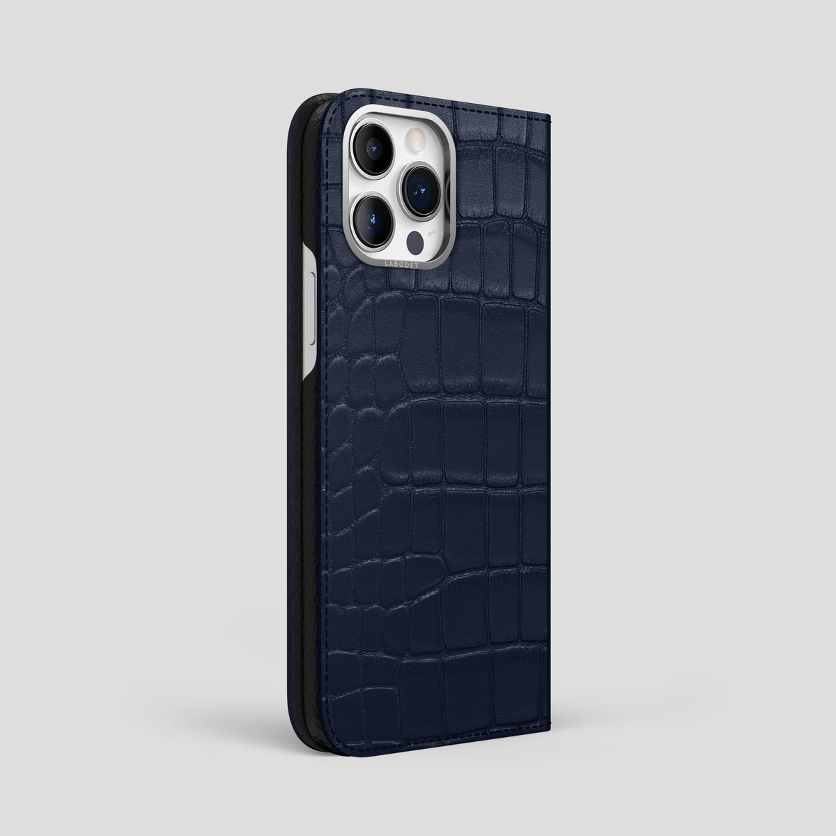 Navy Blue iPhone 14 Pro Max Folio Case Alligator with Steel Metal -1 | Navy-Blue-Steel