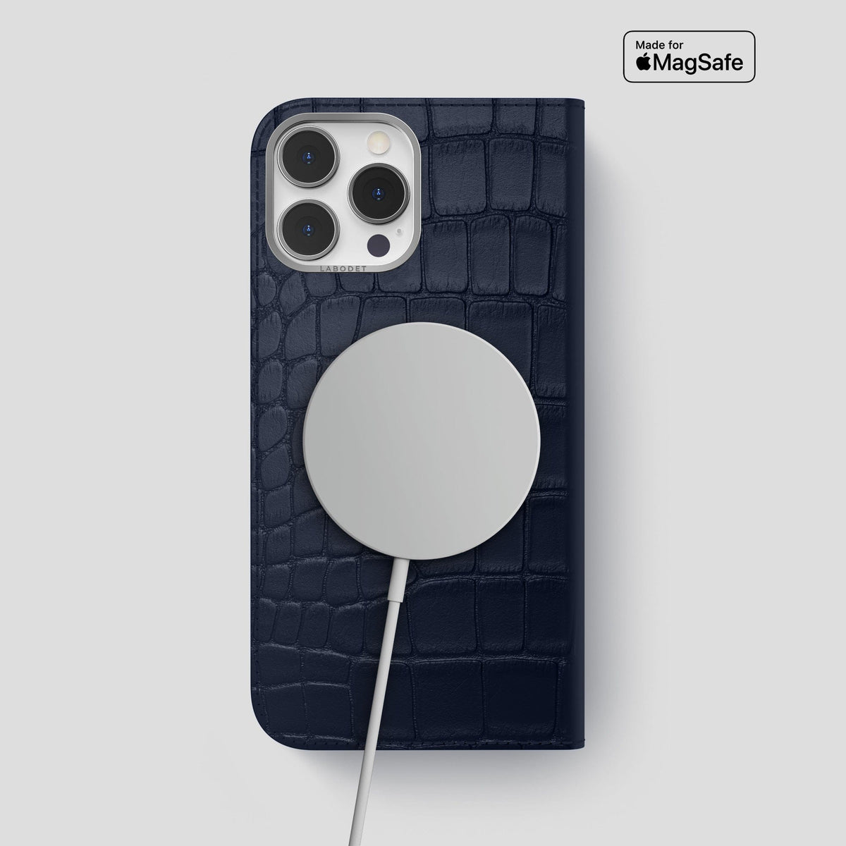 Navy Blue iPhone 14 Pro Max Folio Case Alligator with Steel Metal -3 | Navy-Blue-Steel