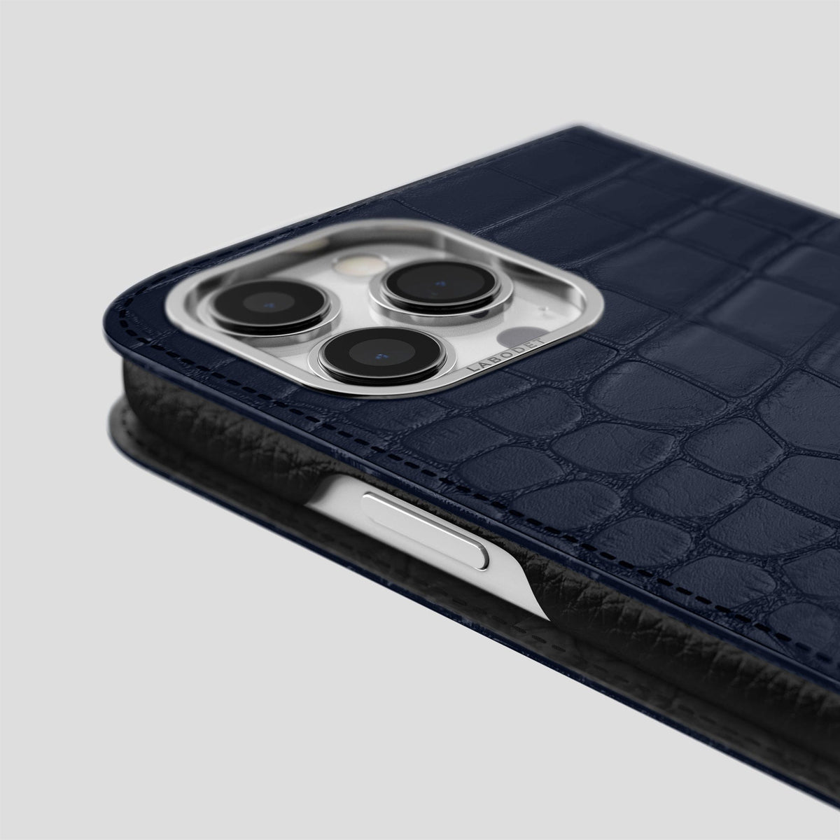 Navy Blue iPhone 14 Pro Max Folio Case Alligator with Steel Metal -5 | Navy-Blue-Steel