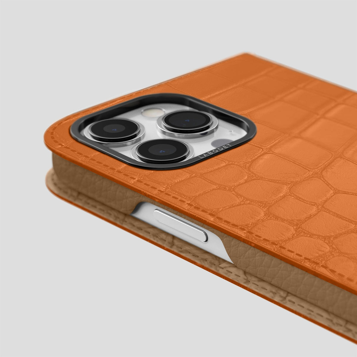 Orange iPhone 14 Pro Max Folio Case Alligator with Black Metal -5 | Orange-Black
