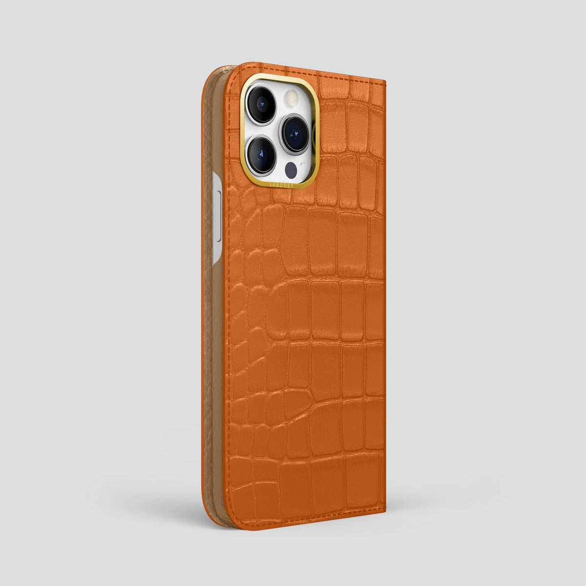 Orange iPhone 14 Pro Max Folio Case Alligator with Gold Metal -1 | Orange-Gold