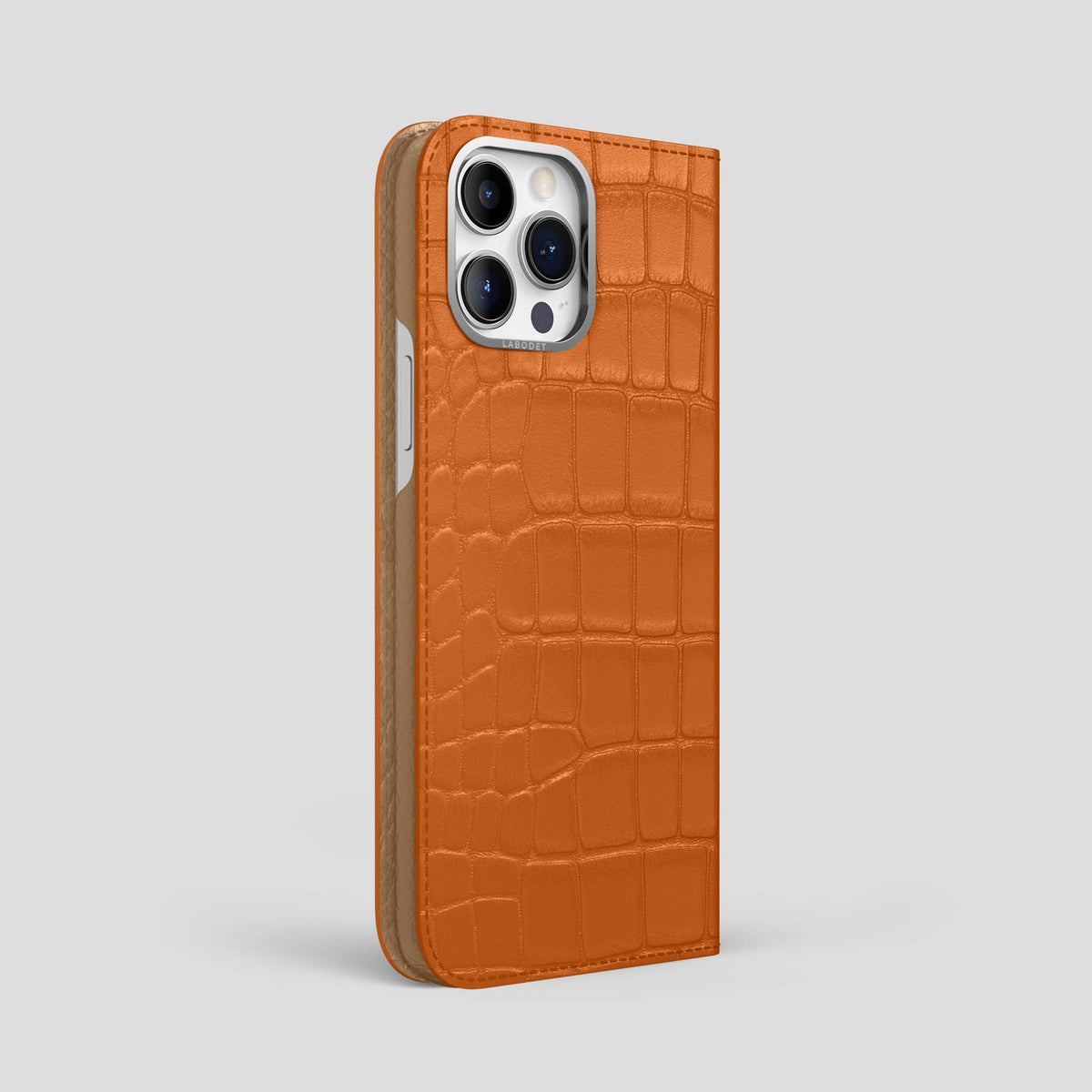 Orange iPhone 14 Pro Max Folio Case Alligator with Steel Metal -1 | Orange-Steel