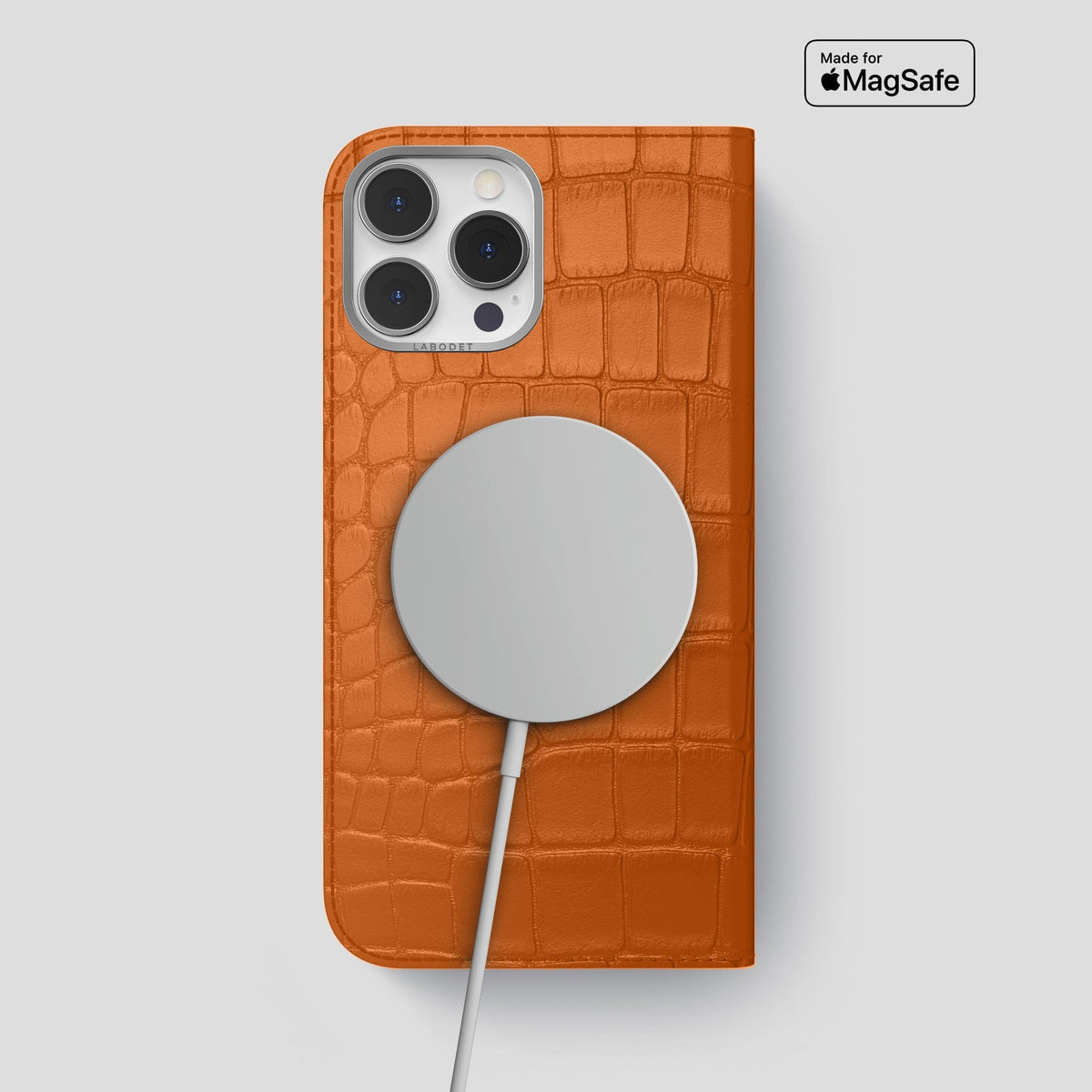 Orange iPhone 14 Pro Max Folio Case Alligator with Steel Metal -3 | Orange-Steel
