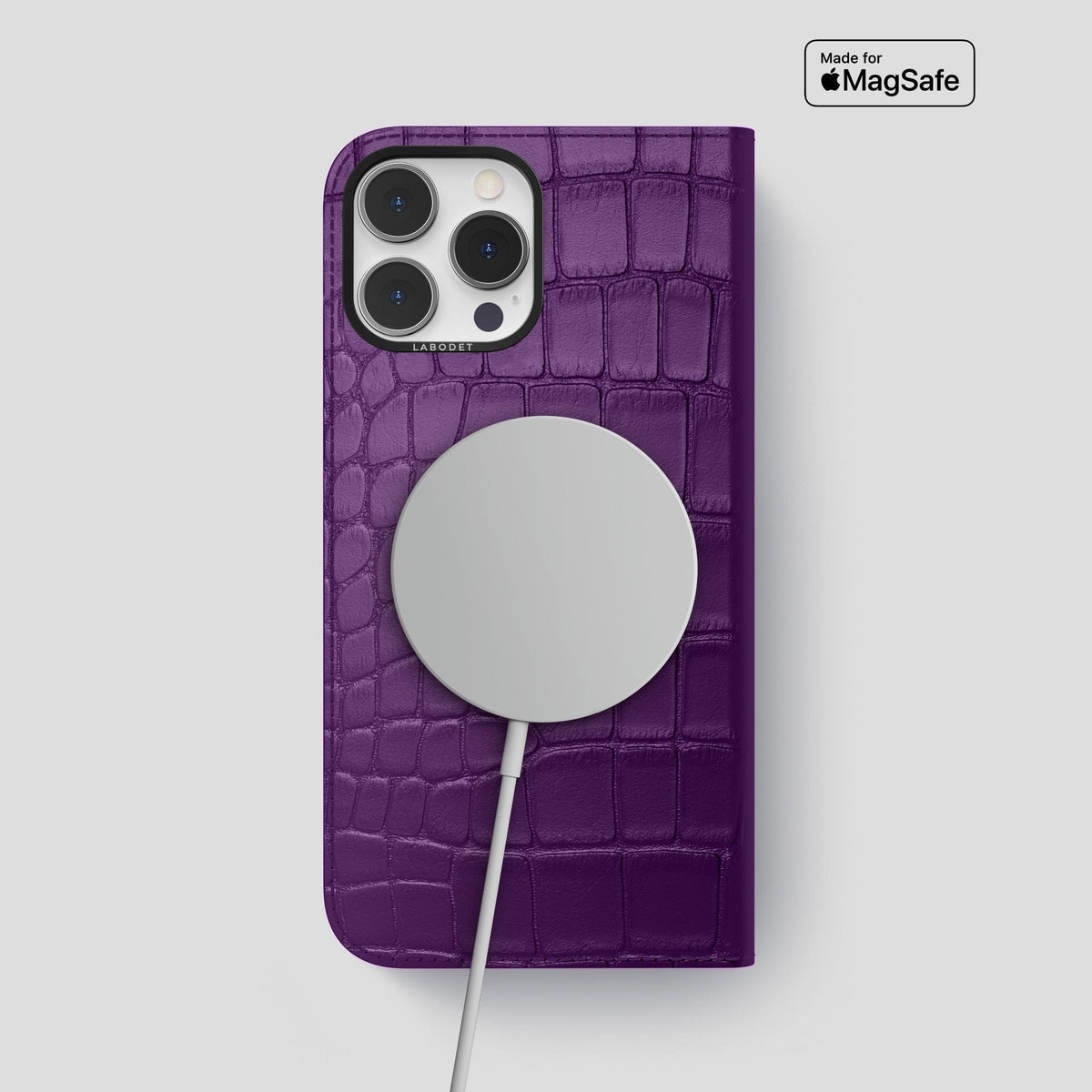 Purple iPhone 14 Pro Max Folio Case Alligator with Black Metal -3 | Purple-Black