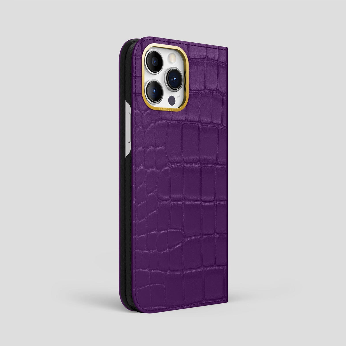 Purple iPhone 14 Pro Max Folio Case Alligator with Gold Metal -1 | Purple-Gold