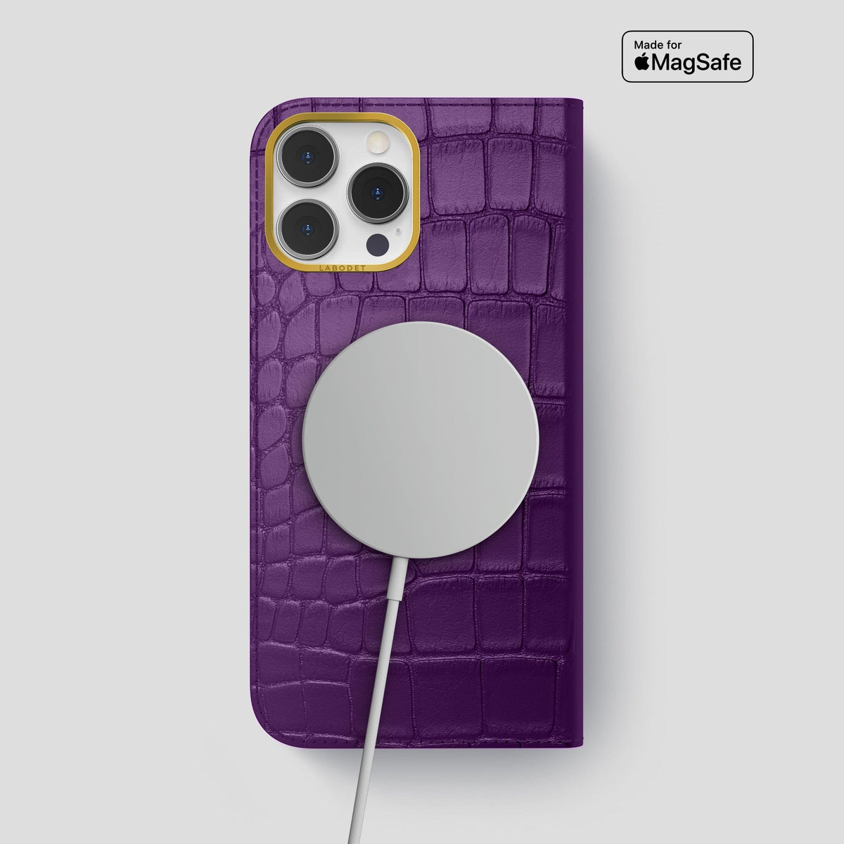 Purple iPhone 14 Pro Max Folio Case Alligator with Gold Metal -3 | Purple-Gold