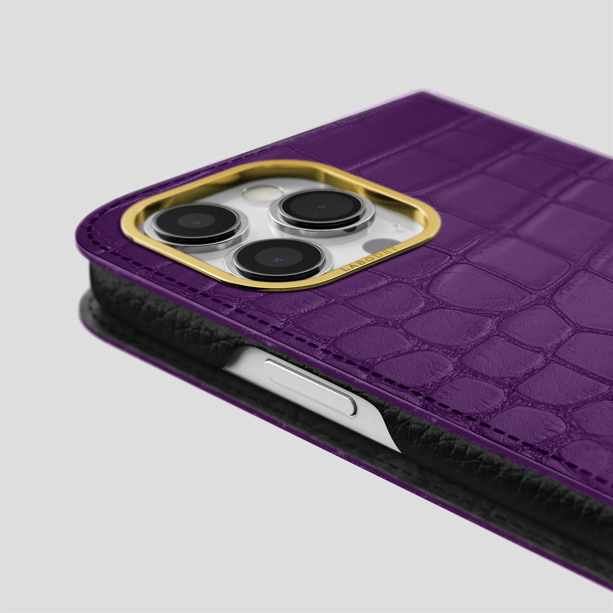 Purple iPhone 14 Pro Max Folio Case Alligator with Gold Metal -5 | Purple-Gold