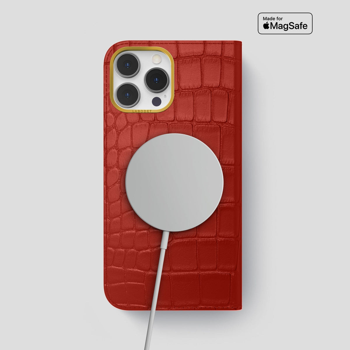 Red iPhone 14 Pro Max Folio Case Alligator with Gold Metal -3 | Red-Gold